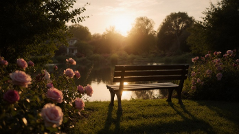 韓国ドラマ　シークレットガーデン　薔薇咲くガーデンと夕焼けの静寂な雰囲気