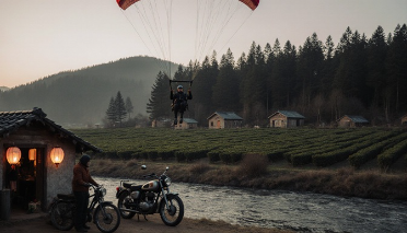 韓国ドラマ『愛の不時着』北朝鮮の村にパラグライダーが降りたつ画像