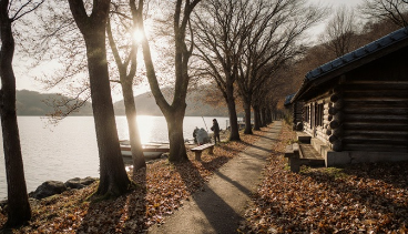 韓国ドラマ　冬のソナタのナミソムの並木道と湖