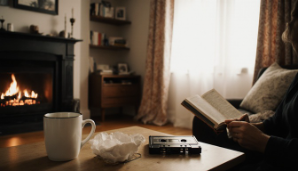 韓国ドラマ　冬のソナタの暖炉とアルバムのある家庭風景