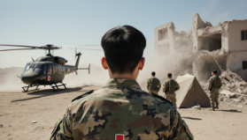 韓国ドラマ「太陽の末裔」でウルクの災害現場で軍服と医療チームが救助活動するシーン