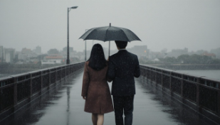 韓国ドラマ「ソンジェ背負って走れ」の雨の橋でソルとソンジェが傘をさしている情景